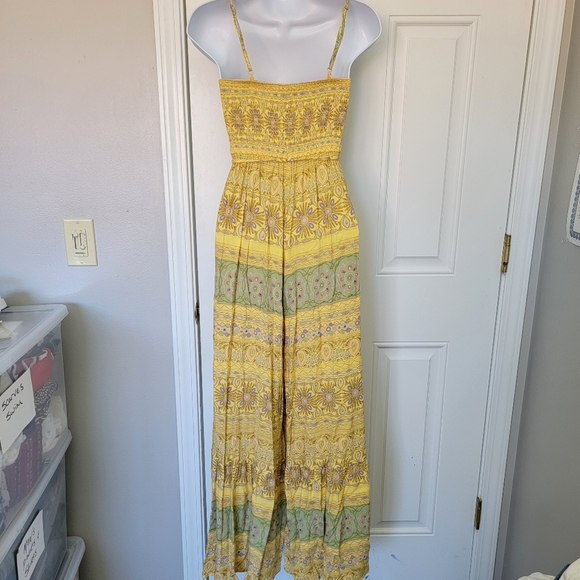 Forever 21 Yellow Green Printed Wide Leg Sleeveless Ruched Top Jumpsuit Size S - Picture 6 of 10